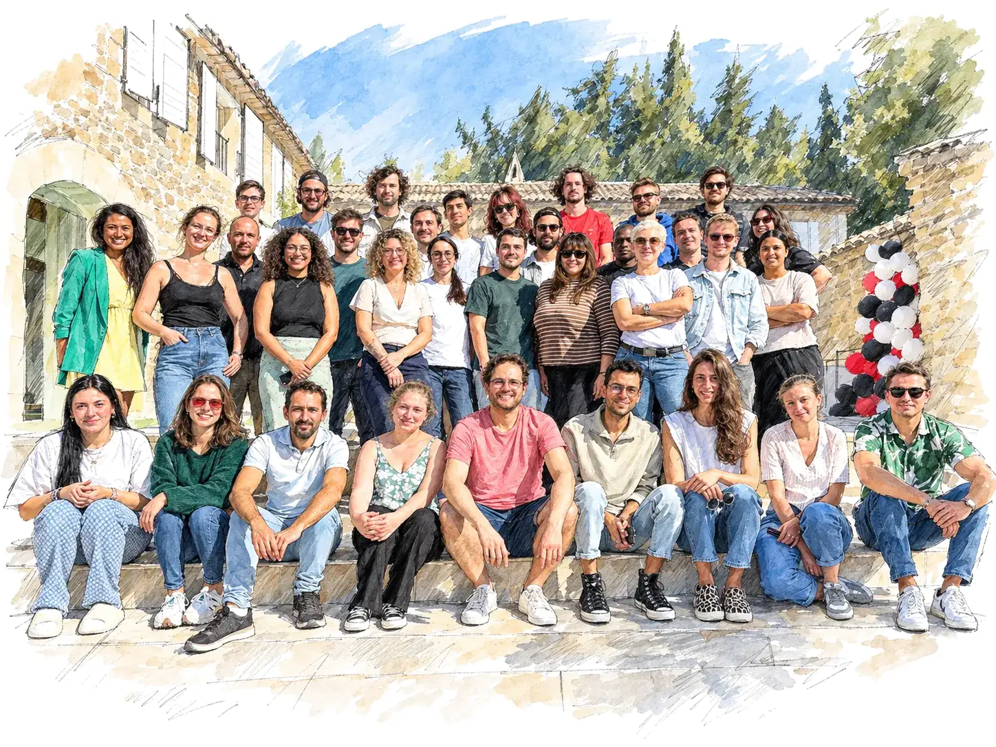 L’équipe WeHost, experts Airbnb et gestion locative, réunie sur les marches d’une bâtisse en pierre, dessin à l’aquarelle
